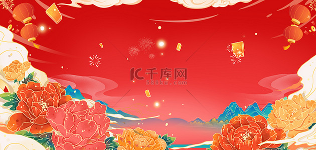 春节背景图片_春节新年祥云红色渐变国潮插画背景