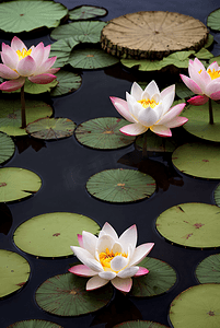 宽950高120摄影照片_夏日池塘里的荷花盛开着鲜艳花朵图120摄影配图