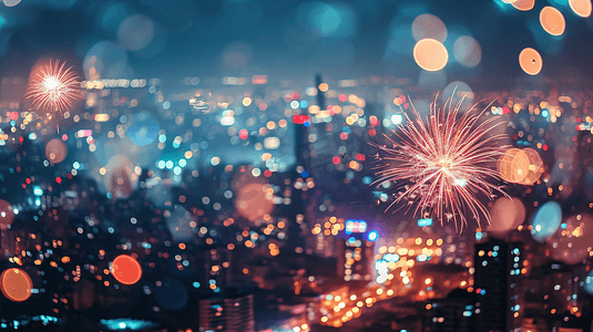 烟花摄影照片_夜晚城市美丽的烟花新年春节除夕