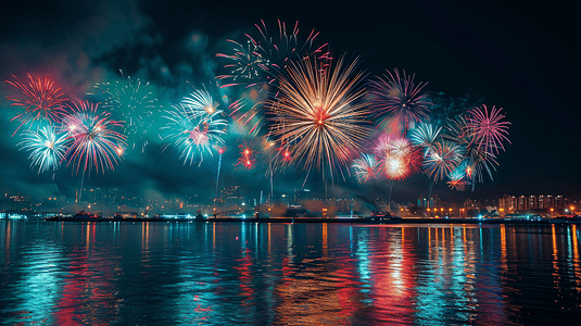 夜晚城市美丽的烟花新年春节除夕