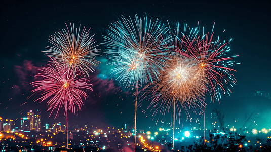 夜晚城市美丽的烟花新年春节除夕