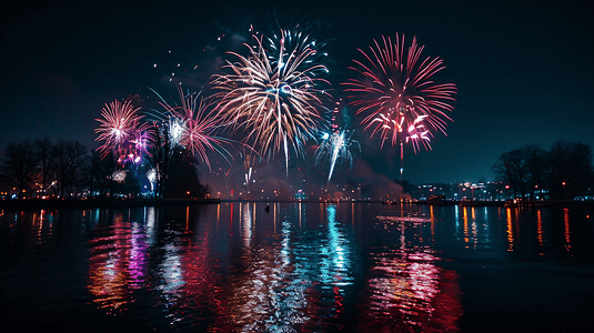 夜晚城市美丽的烟花新年春节除夕