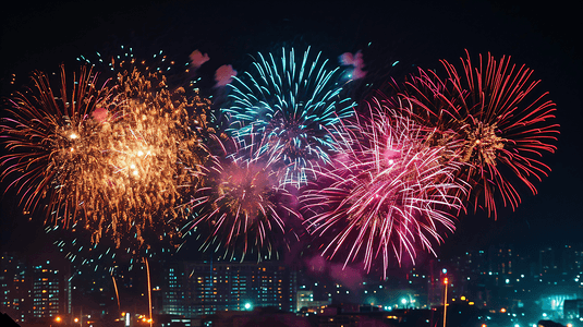 夜晚城市美丽的烟花新年春节除夕