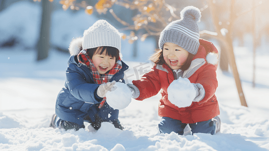冬天打雪仗摄影照片_雪地上玩雪的儿童