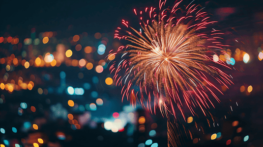 夜晚城市美丽的烟花新年春节除夕