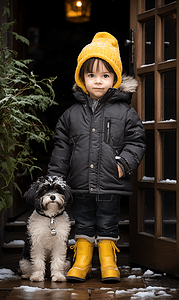新年雪地摄影照片_冬季雪天小男孩和狗狗