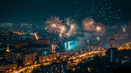 夜晚城市美丽的烟花新年春节除夕