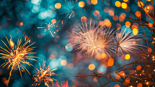 夜晚城市美丽的烟花新年春节除夕