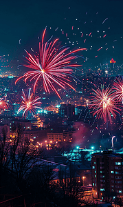 夜晚城市美丽的烟花新年春节除夕