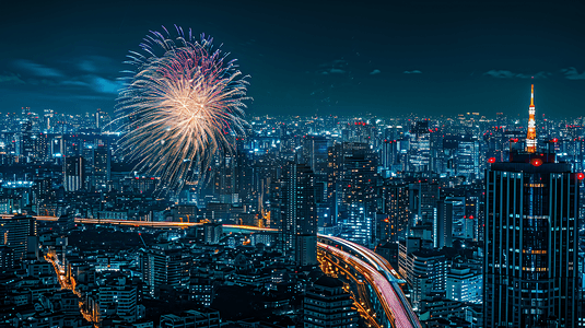 烟花摄影照片_夜晚城市美丽的烟花新年春节除夕