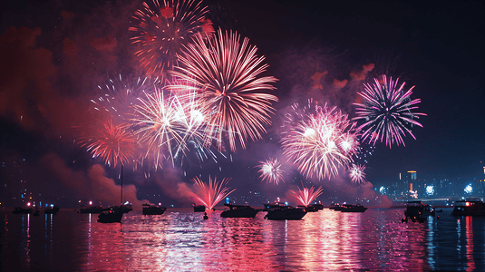 夜晚城市美丽的烟花新年春节除夕