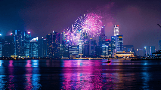 夜晚城市美丽的烟花新年春节除夕