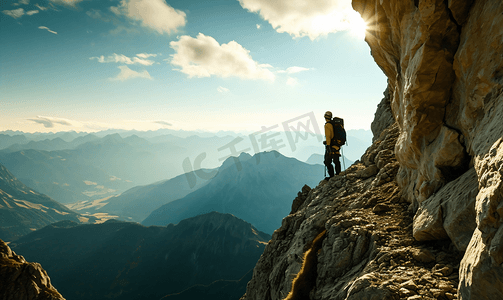 古风水墨人物摄影照片_企业文化攀登登山人物站在站顶攀爬励志摄影图1