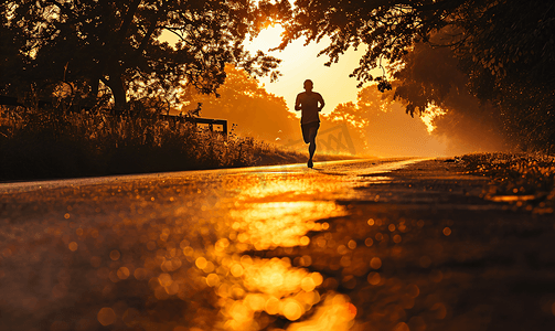 夕阳中健身跑步的人