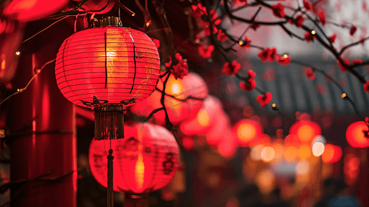 红灯笼立体摄影照片_中国红春节主题背景