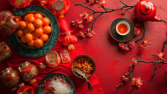 中国风背景新年摄影照片_中国红春节年货背景