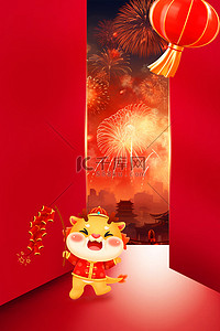 红色烟花喜庆背景图片_红色大气龙年新年春节烟花背景