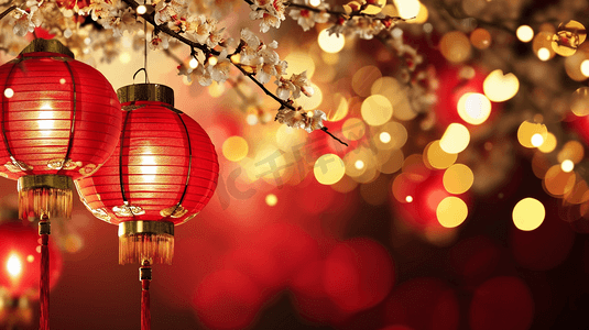 中国风红背景摄影照片_中国红春节红灯笼主题背景