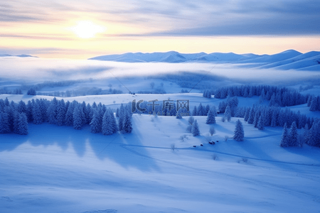 冬天雪景日出唯美背景摄影图