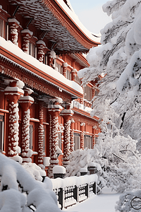 雪景古典建筑背景摄影图