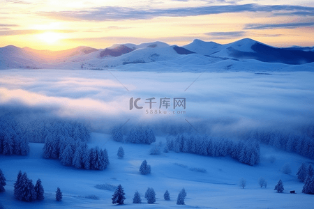 日出雪景冬天唯美背景摄影图