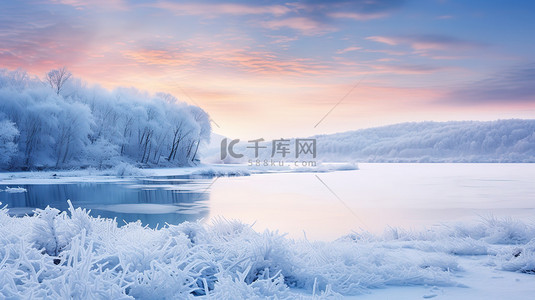冬天的江边雪景日出美丽背景