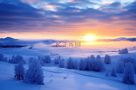 冬天日出唯美雪景背景摄影图