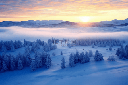 日出雪景唯美冬天背景摄影图
