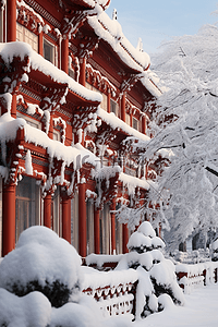 雪景古典建筑摄影图背景
