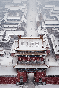 雪花飘背景图片_冬天雪景俯视建筑摄影图背景