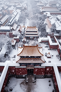 雪落背景图片_雪景冬天建筑摄影图俯视背景