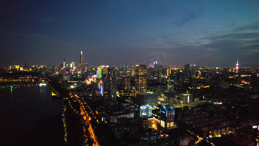 航拍南京城市天际线紫峰大厦夜景