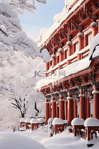 雪景古典建筑背景摄影图