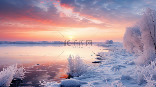 湖边背景图片_冬天的江边雪景日出美丽背景素材