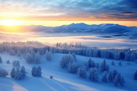 雪景冬天日出唯美背景摄影图