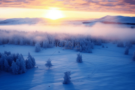 冬天背景日出雪景唯美摄影图