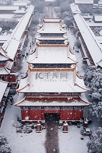 摄影红色背景背景图片_冬天雪景建筑摄影图俯视背景