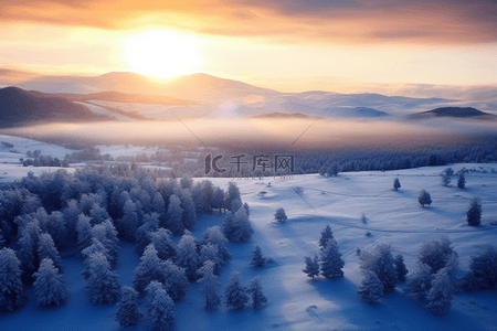 冬天摄影图日出雪景唯美背景