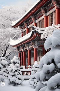 古典建筑摄影图雪景背景