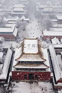 摄影红色背景背景图片_雪景建筑摄影图俯视冬天背景