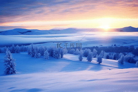 冬天雪景唯美背景图片_背景冬天日出雪景唯美摄影图