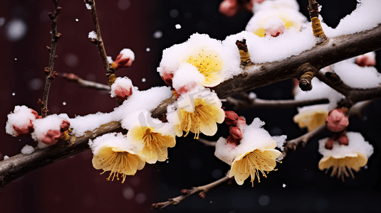 雪中盛放的寒梅特写