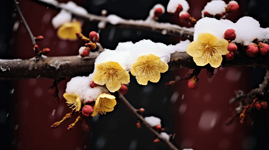 雪中盛放的寒梅特写