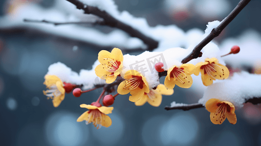 冬天雪中花朵摄影照片_雪中盛放的寒梅特写