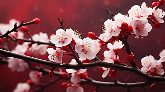 红色腊梅摄影照片_冬天冬季娇艳的腊梅花摄影图红色背景