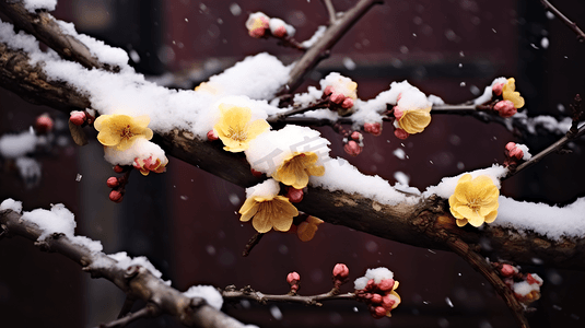 雪中盛放的寒梅特写摄影图