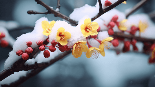 冬天积雪中盛开的黄腊梅高清图片