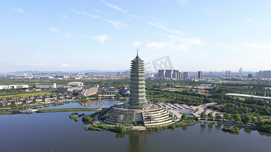 航拍杭州地标建筑中国水利博物馆晴天