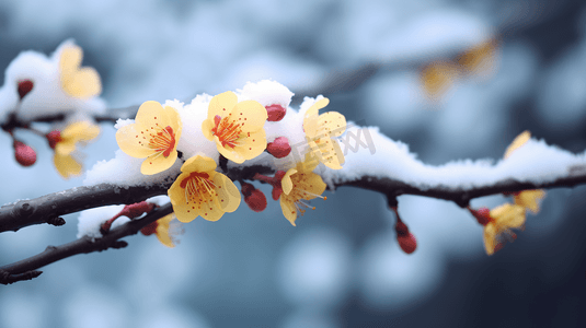 冬天积雪中盛开的黄腊梅高清图片美景