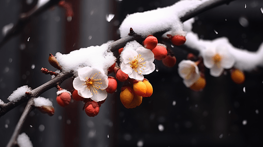 雪中梅花摄影照片_冬季雪中盛放的寒梅特写高清图片